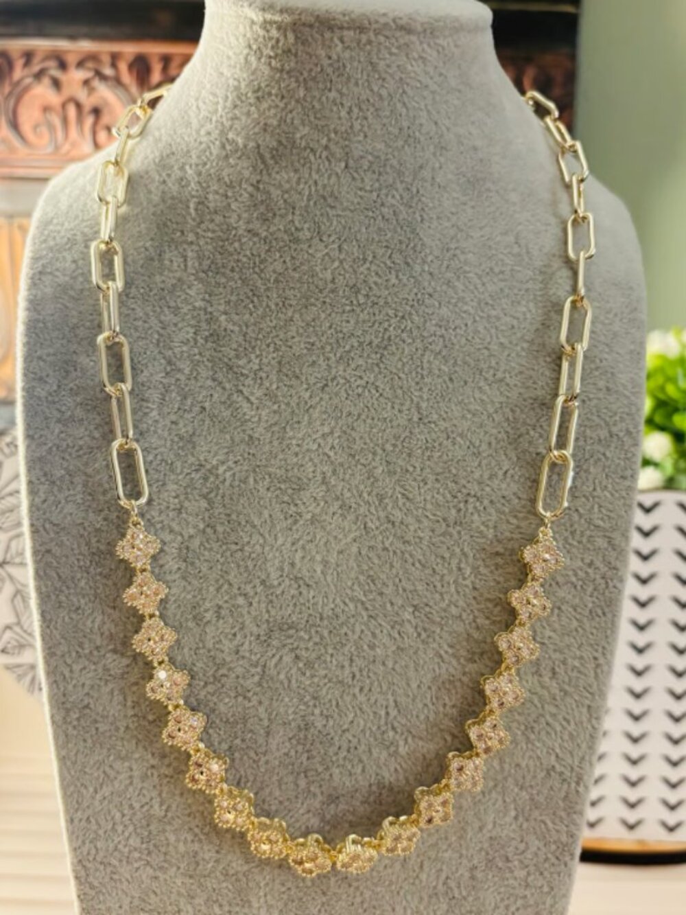 Gold Paperclip Chain Necklace with CZ Clovers